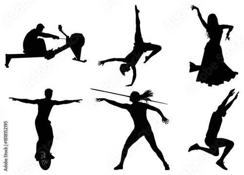 Diverse people silhouettes in motion: dance, sports, and activity