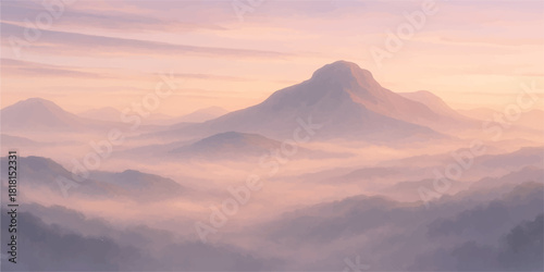 Beautiful sunrise landscape over misty mountains with orange sky and clouds