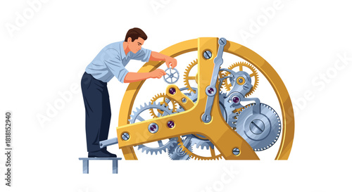 Precision mechanic meticulously assembling intricate gears for a complex mechanism in a workshop setting, showing skill and attention to detail