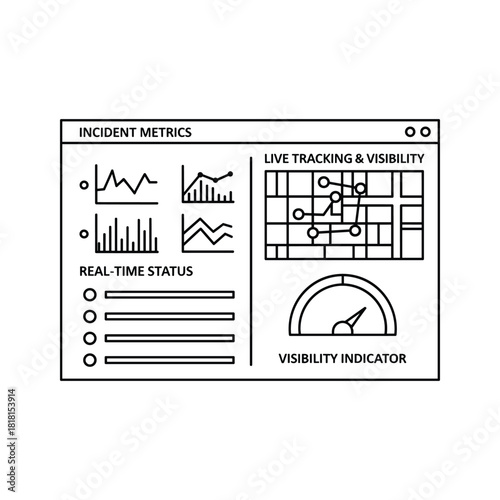 Black and white line art dashboard showing incident metrics, tracking, and status indicator