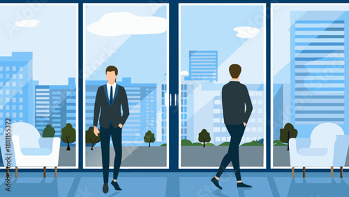 Two people in an office building with city views through large windows and white armchairs present here