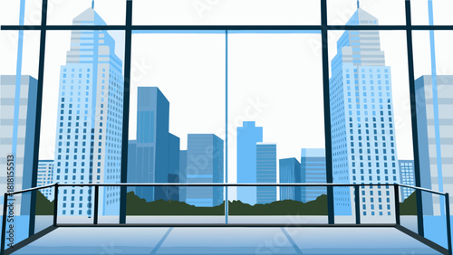 View from a high rise building with skyscrapers and city skyline visible through large glass windows design