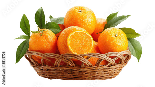 A fresh basket of juicy, ripe oranges and mandarins is isolated on white, signifying healthy citrus fruit