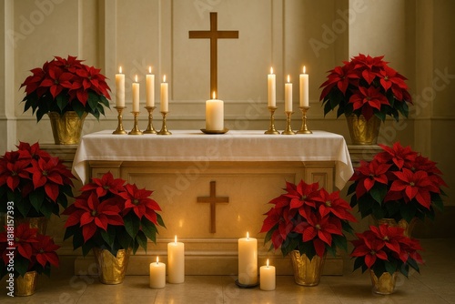 Christmas Altar with Poinsettia Plants and Candles.