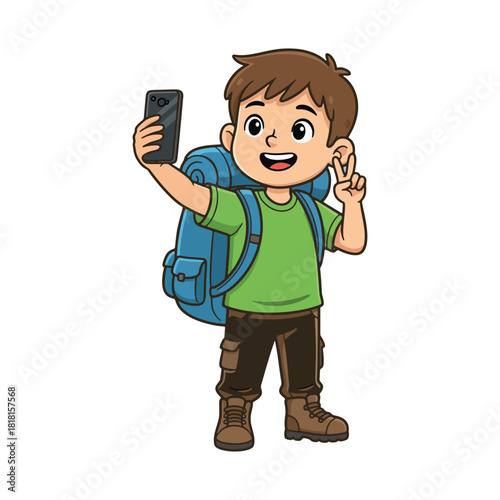 Happy cartoon boy with a large blue backpack taking a selfie and making a peace sign.