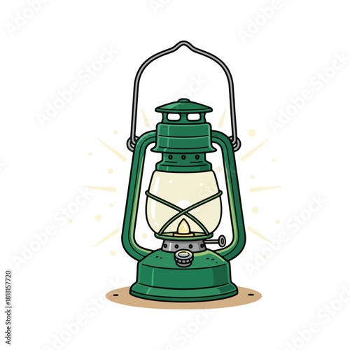 Classic green camping lantern with a lit flame and handle vintage style.