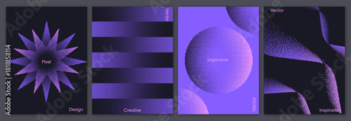 Black an Purple Pixelated Bitmap Background Set with Flowing Wave, Spherical Shapes, Starburst, Horizontal Bands for Arcade Games, Posters, Greeting Cards, Cover, Banner