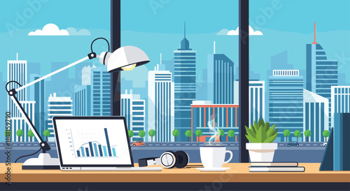 Modern workspace with business data on laptop offers a trendy and professional ambiance for innovative companies and ambitious entrepreneurs