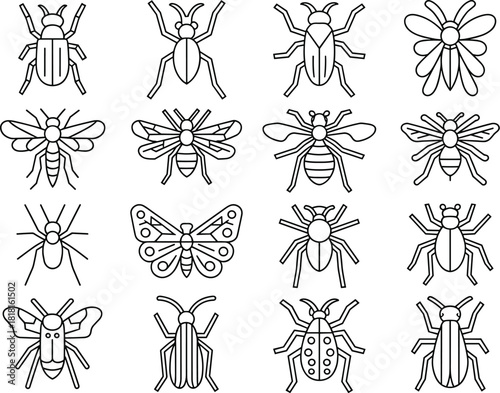 Minimalist Insect and Bug Line Art Vector Icon Set Featuring Beetles, Bees, Spiders, and Butterflies in Clean Outline Style for Web Design.
