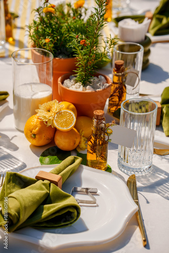 Elegant outdoor dining setup with fresh ingredients