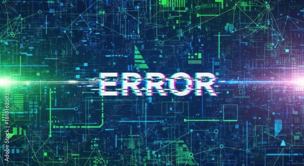 Obraz premium Error word on abstract computer circuit board background with glitch effect. Data cyber security concept for digital technology failure.
