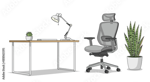 A stylish and productive workspace with this sleek desk, ergonomic chair, modern lamp, and vibrant potted plant for a boost of creativity