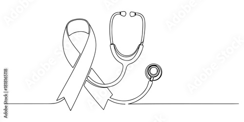Continuous one line of stethoscope forming an awareness ribbon shape, cancer theme, hand drawn vector illustration.