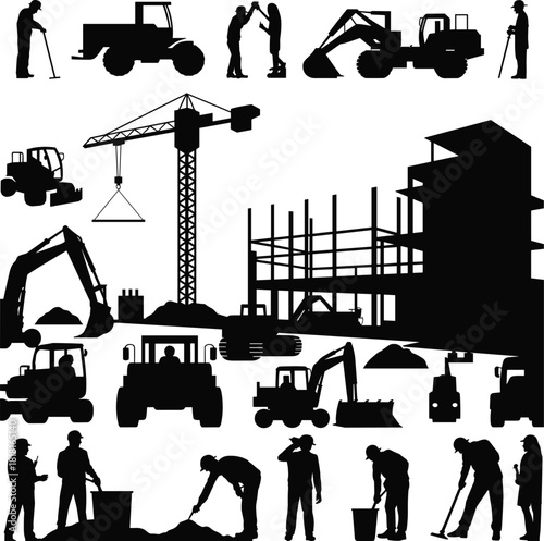 Construction site silhouette mega set, workers, excavator, tower crane, heavy machinery, building development, engineering vector.
