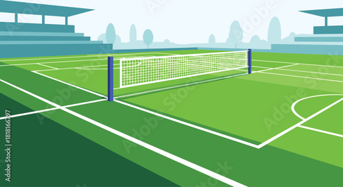 Vibrant vector illustration of a tennis court, perfect for sports marketing, fitness campaigns, or healthy lifestyle promotions, with stadium seating
