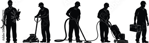 Service workers silhouette set, mechanic, cleaner, janitor, maintenance man, with tools, jack, vacuum, buffer, job vector.