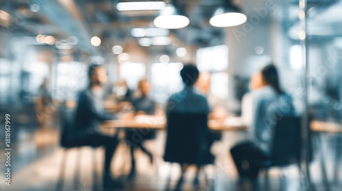 Blurred business people meeting in office interior with space for background or banner design. High quality