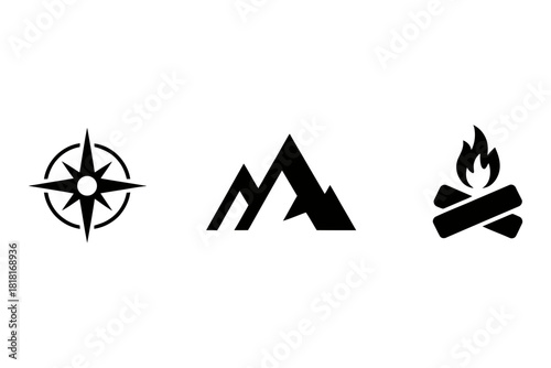Outdoor adventure vector icons set featuring a compass rose for navigation, stylized mountains for nature, and a campfire for camping and travel