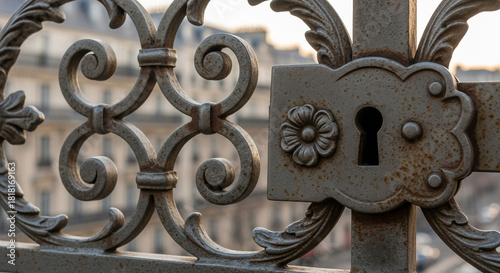 Closeup of an ornate, weathered metal gate lock with scrollwork detail
