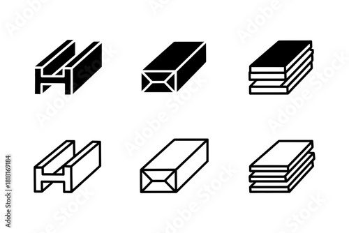 Industrial structural metal profiles vector icons: h-beam, rectangular hollow section, and flat bar shapes in solid and outline versions.
