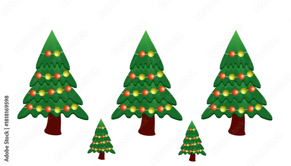 Obraz premium Decorated Christmas tree set with glowing lights on transparent background. Bright festive illustration featuring multiple green holiday trees in clean vector style.