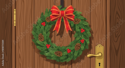 Cheerful holiday spirit with a festive Christmas wreath adorning a classic wooden door, complete with a bright red bow and pine cones
