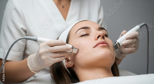 Woman receiving facial skin tightening radio frequency treatment in beauty salon for anti aging. Modern cosmetology technology.