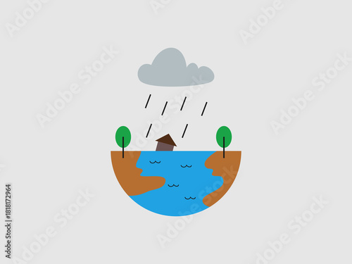 the Earth shows a river overflowing its banks due to heavy rain from a cloud