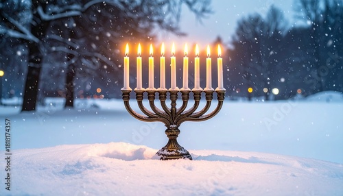 Hanukkah Winter Night: Glowing Menorah Outdoors in Snowy Landscape, Jewish Festival of Lights and Holiday Tradition.