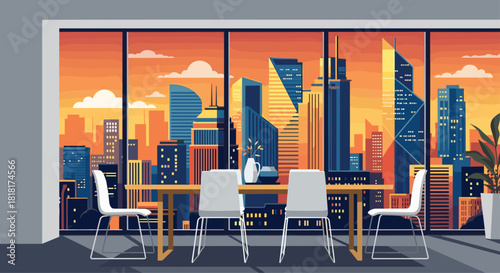 Stunning skyline view from modern meeting room, perfect for corporate presentations or a sophisticated video conference backdrop setting the scene