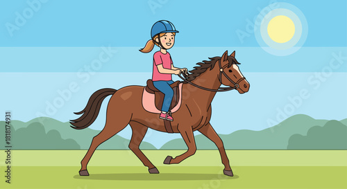 Exciting horseback riding adventure with young girl in a blue helmet galloping across sunny green fields, perfect for summertime fun projects