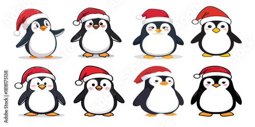 Festive penguin illustration: A delightful illustration featuring a group of adorable penguins, each adorned with a Santa hat, embodying the joyful spirit of the holiday season.
