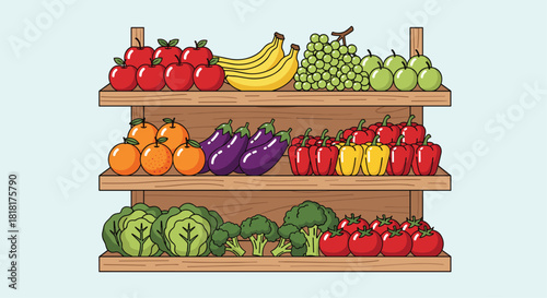 Fresh produce on wooden shelves offers healthy choices for cooking at home or stocking a market with colorful fruits and vegetables today