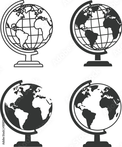 Set of four globe icons representing world map and geography with diverse styles including outline and solid fill vector