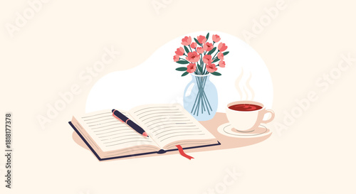 Cozy workspace scene with open journal, flowers and steaming coffee for tranquil work or creative writing inspiration on a calm morning