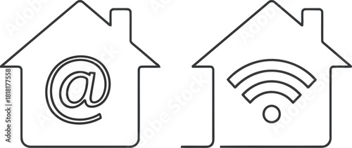 Connected home icons internet email and wifi symbols in minimalist house outlines for digital real estate concepts vector