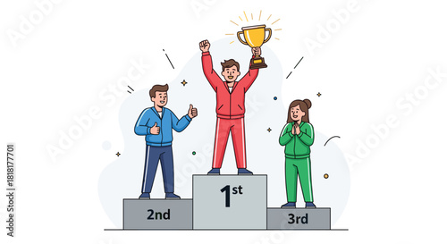 Champion athlete celebrates victory with gold trophy on winner's podium with fellow competitors in sportswear, achieving success