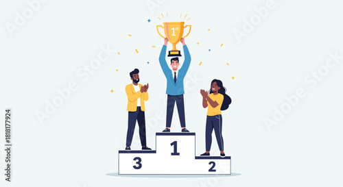Dynamic team celebrates victory with trophy on winner's podium, inspiring success, achievement, and teamwork, creating a vibrant and energetic atmosphere