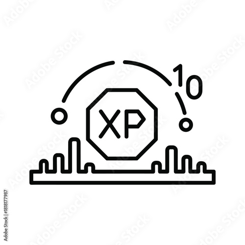 Line icon representing experience point level up achievement with number 10