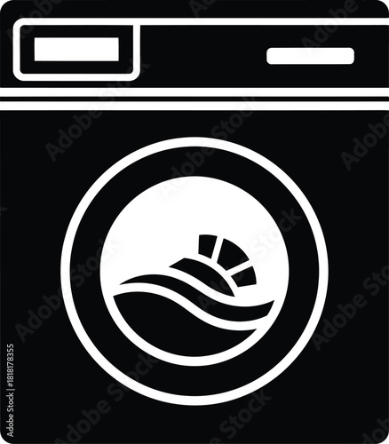 Modern washing machine icon with ocean wave and sun symbol inside drum digital art vector