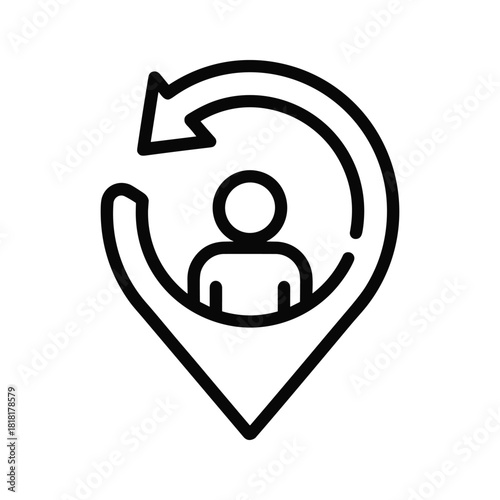 Outline icon of user location pin with circular refresh arrow for return or repeat visit