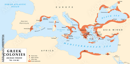 Ancient Greek colonies and parent cities, history map. Greek colonization during the Archaic period, 750 to 550 BC, across the Mediterranean Sea and the Black Sea. Areas and settlements. Illustration