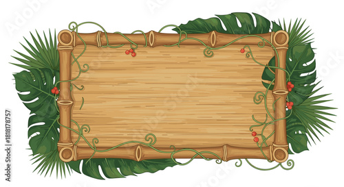 Design a stunning tropical getaway poster with this vibrant bamboo frame and lush foliage, perfect for summer events or travel advertisements