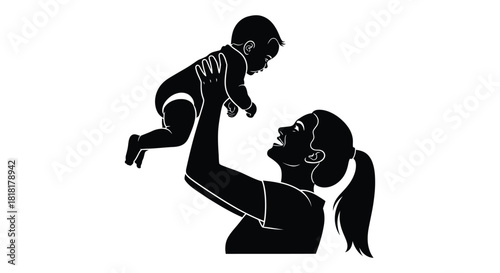 Joyful mom playfully lifts her baby high in the air with love