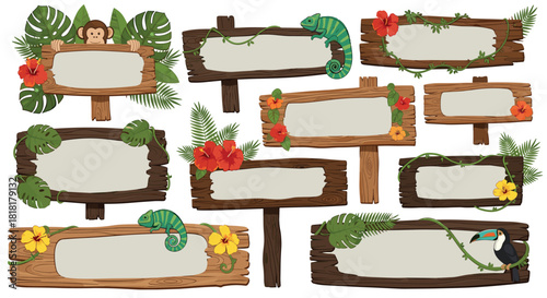Tropical wooden signs with vibrant flowers, lush leaves, and playful animals offer customizable space for vibrant summer designs and announcements