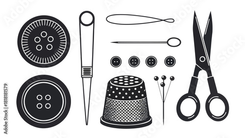 Classic sewing kit with buttons, scissors, thimble, pins, and needle for creative crafting and DIY projects, originally a scalable vector graphic