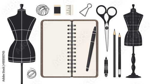 Fashion designer's workspace illustration featuring dress forms, sketchbook, scissors, and thread, ideal for apparel design and creative projects
