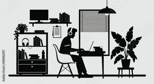 Stylish silhouette of student studying at home in modern workspace