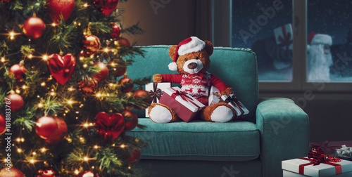 Teddy bear waiting for Santa Claus on Christmas Eve