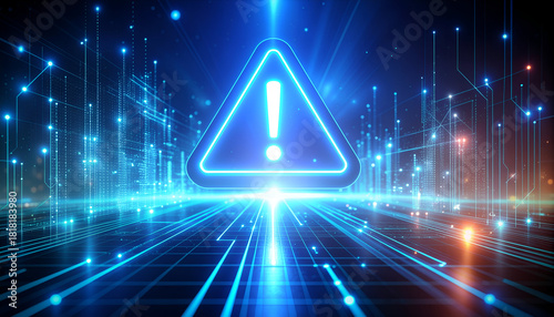 Neon danger icon with exclamation mark over flowing data lines, symbolizing cyber risk and network vulnerabilities.